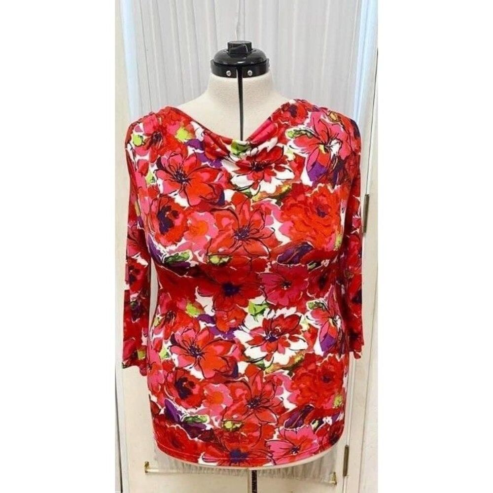 Anne Klein red floral 3/4 sleeve women's top